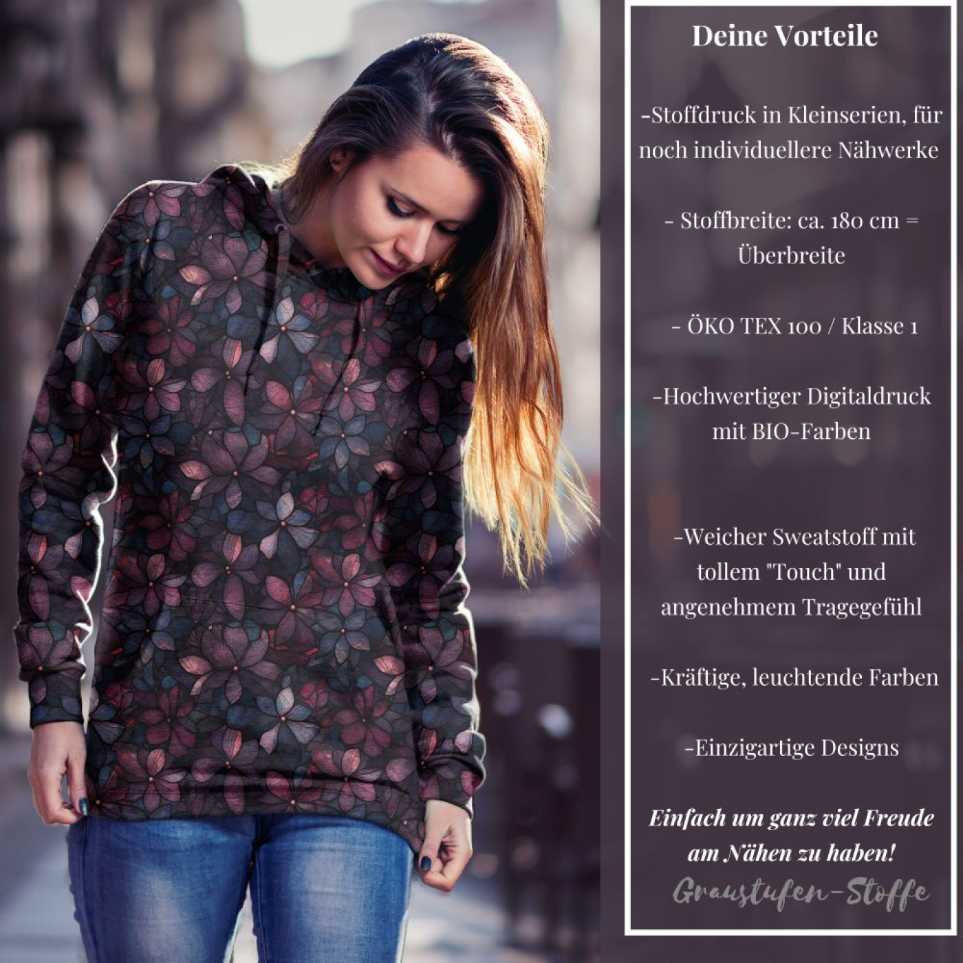 Bio French Terry mit Überbreite (Stoffbreite ca. 180 cm): Eigenproduktion  Red velvet blossom - von Graustufen-Stoffe
